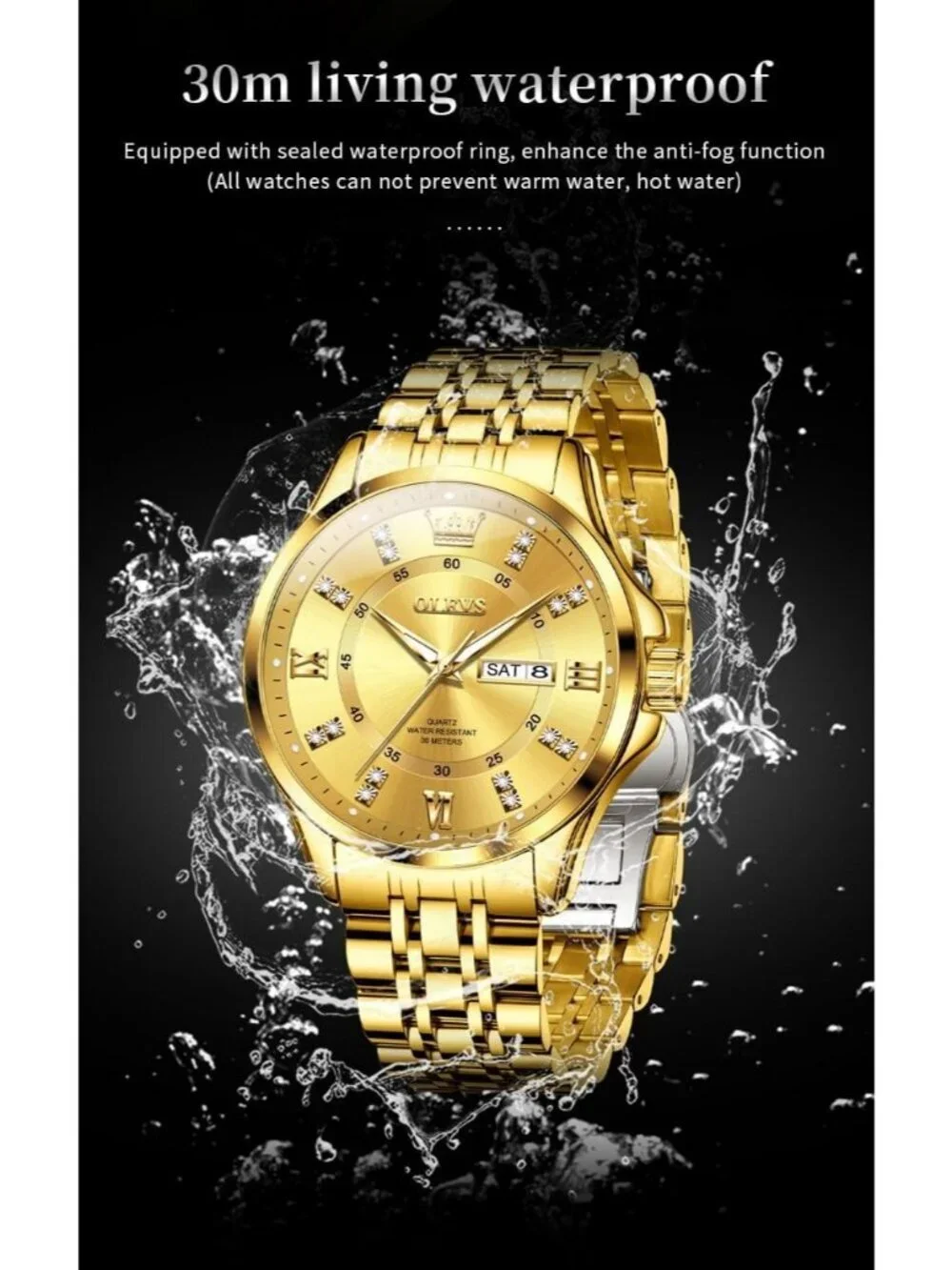 Men's Gold Diamond Stainless Steel Waterproof Luminous Luxury Analog Round Watch